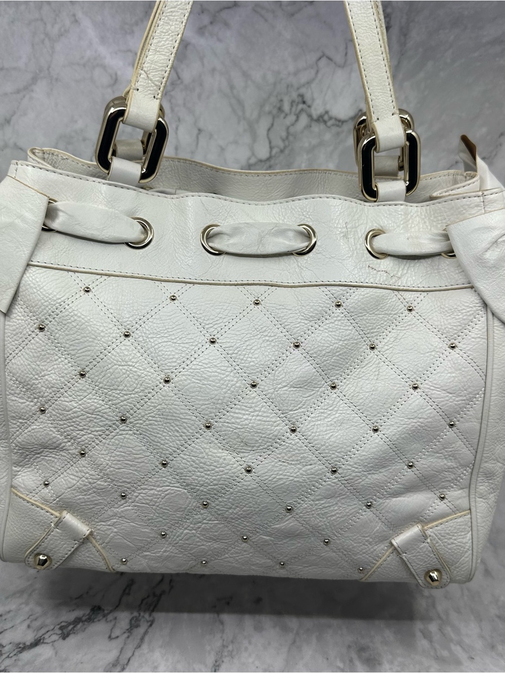 Vintage 2002 Juicy Couture Frankie leather white Quilted Studded Tote Bag